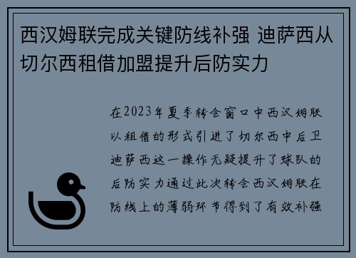 西汉姆联完成关键防线补强 迪萨西从切尔西租借加盟提升后防实力