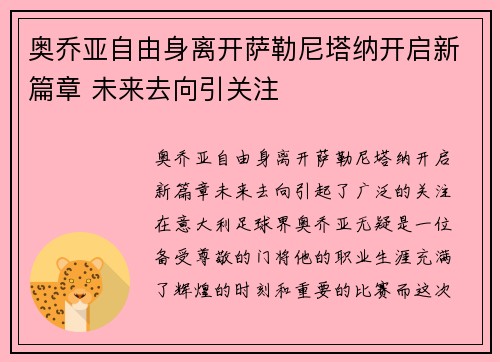 奥乔亚自由身离开萨勒尼塔纳开启新篇章 未来去向引关注